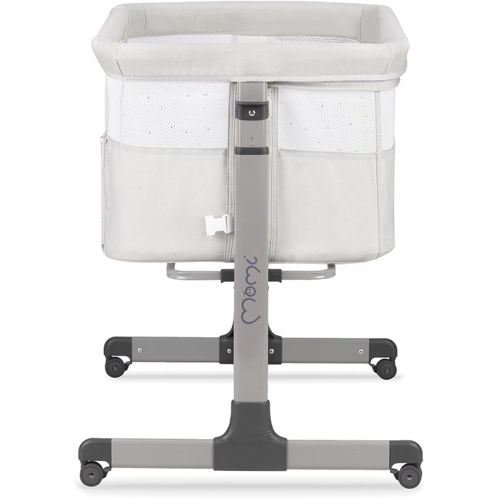 Багатофункціональне приліжкове та дитяче ліжко Momi REVO, 6-рівневе регулювання висоти від 72 до 82 см, з колесами, включаючи матрац, кріпильні ремені, сітку від комах та ручку з іграшками