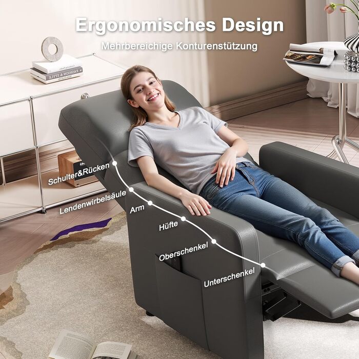 Крісло-реклайнер JUMMICO Recliner для телевізора з функцією відкидання, електрично регульоване, з штучної шкіри, для вітальні, спальні, домашнього кінотеатру (сіро-зелене)