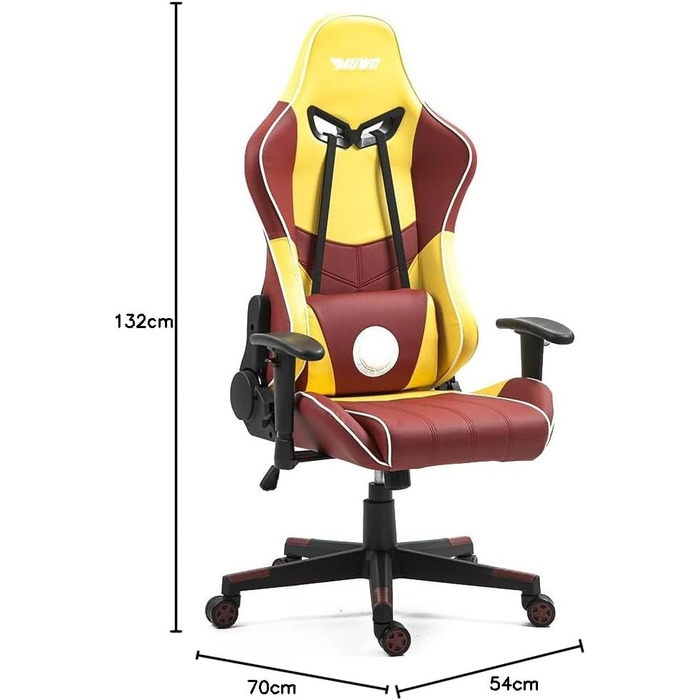 Ігрове крісло MUWO Hero для кіберспорту ергономічне з регульованою спинкою (від 90 до 170), регульованим по висоті сидінням, знімними подушками для голови та спинки та функцією повороту на 360 (жовтий/червоний)