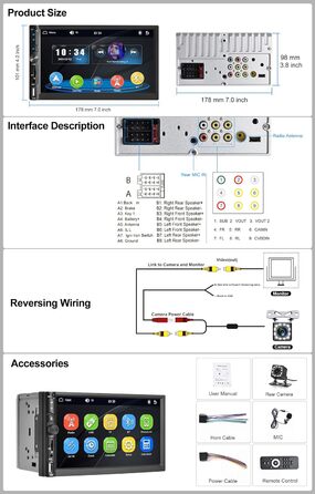 Радіоприймач CAMECHO 2Din з Carplay Android Auto, 7-дюймова автомобільна стереосистема з сенсорним екраном Bluetooth Mirror Link FM USB/SD/AUX-INкамера заднього виду