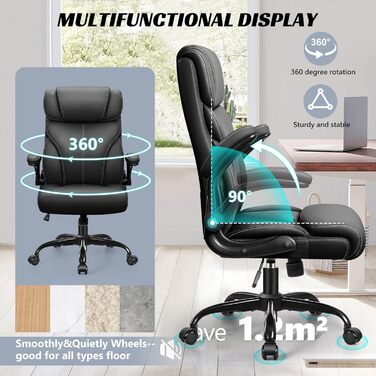 Офісне крісло FelixKing, ергономічне велике комп&39ютерне офісне крісло, крісло керівника, регульована висока спинка, відкидні підлокітники, поперекова підтримка, поворотне комп&39ютерне крісло з функцією гойдання (матовий чорний) 5066H матовий чорний