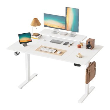 Стіл Klicelor з регульованою висотою та рухомою підставкою для монітора, 140x80 см, стіл для роботи сидячи/стоячи з 2 кнопками пам&39яті, 4-елементна стільниця, комп&39ютерний стіл, білий 140 x 80 см