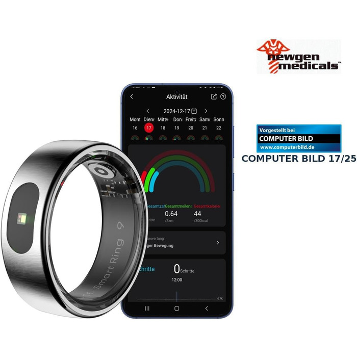 Кільце-лічильник кроків Newgen Medicals фітнес-трекер, сенсорне керування, серцевий ритм, SpO2, 5 атм, розмір 68 (трекер сну з SpO2, трекер здоров&39я, розумний)