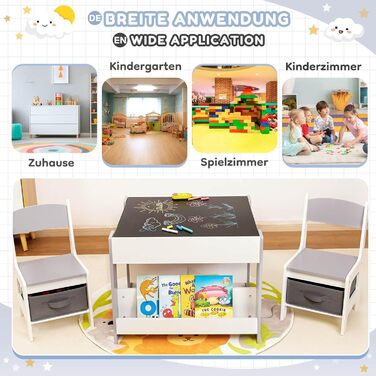 Дитячий стіл Yorbay з 2 стільцями, дерев&39яний дитячий комплект меблів з місцем для зберігання та книжковими полицями, стіл для малювання 3 в 1, стіл для активності та стіл для гри в клас, дитяча кімната, ігрова кімната, для дошкільнят (сірий)