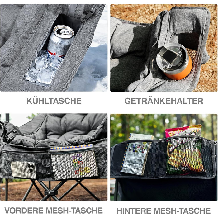 Складаний кемпінговий стілець EVER ADVANCED 2-в-1, великий зі знімною оббивкою товщиною 6 см, вантажопідйомність 180 кг, складний стілець з боковими кишенями, відділенням для холодильника та тримачем для напоїв для кемпінгу, саду, риболовлі, сірого кольор