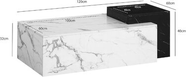 Журнальний столик FineBuy 120x60x40 см Білий Чорний Диванний столик з мармуровим виглядом Сучасний, Дизайнерський Прямокутний стіл для вітальні, Дворівневий журнальний столик, Великий журнальний столик