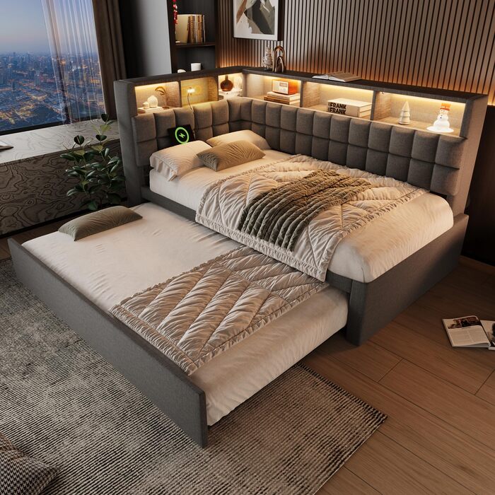 Кушетка 90x200 з висувним ліжком 90x190, диван-ліжко зі світлодіодним підсвічуванням, USB та Bluetooth, висувне ліжко-кушетка з рейковою основою, гостьове ліжко, без матраца, сірий, сірий F 90x200