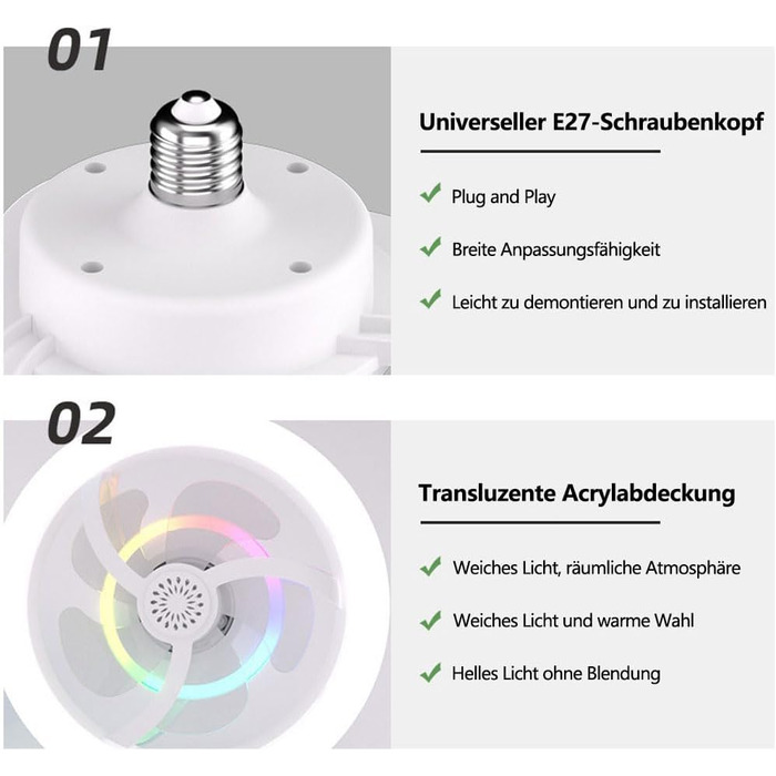 Стельовий вентилятор з лампою E27, стельовий вентилятор RGB з лампою та пультом дистанційного керування, вентилятор для патрона E27, тихе обертання на 360, 16 колірних температур, 3 швидкості, вентилятор потужністю 50 Вт, новий стиль
