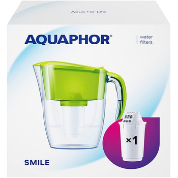 Фільтр для води AQUAPHOR Smile light green, включаючи 1 фільтр A5 з магнієм I Зменшує вапняний наліт і хлор I Графин на 2,9 л I Компактний і легкий фільтр для води I Настільний фільтр для води I Розміщується в дверцятах холодильника