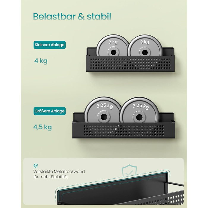 Магнітна полиця для спецій SONGMICS, набір з 4 шт. , 2 великі та 2 малі полиці, органайзер для спецій без свердління, магнітна полиця, для кухні, холодильника, мікрохвильової печі, пральної машини, чорний колір KCS061B01, легована сталь чорного кольору