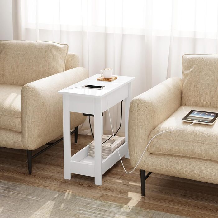 Приставний столик EUGAD, тумбочка з розеткою, столик для дивана, журнальний столик, маленький столик, консольний столик, розкладна стільниця, 3 полиці, для вітальні, спальні, кухні, білий, 0001CHJ