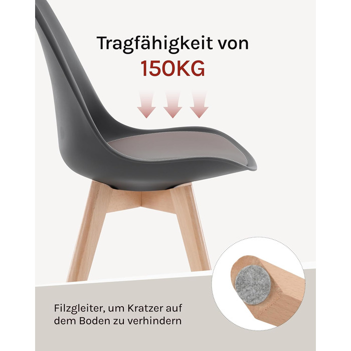 Обідні стільці WOLTU, Комплект з 4 шт. , Скандинавські кухонні стільці, Ретро-дизайн, Сидіння зі штучної шкіри, Ніжки з масиву дерева, Вантажопідйомність до 150 кг, Сірий, Комплект з 4 шт.