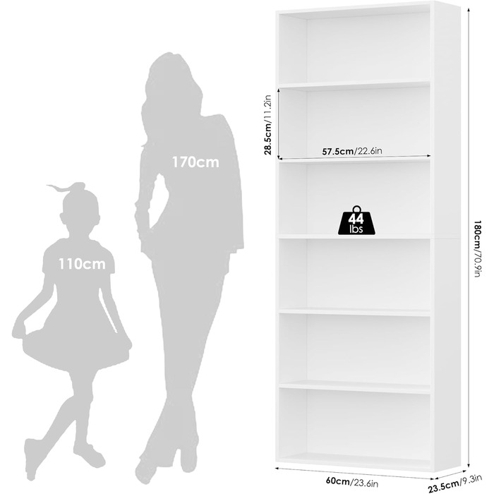 Книжкова полиця FirFurd, дерев&39яна полиця з 6 відділеннями, полиці, книжкова шафа, полиця для зберігання для вітальні, кабінету, виготовлена з дерева, 180 x 60 x 23,5 см, білий