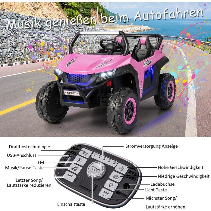 Дитячий 2-місний електромобіль DREAMADE 12V, електромобілі з пультом дистанційного керування 2,4 ГГц, музикою, фарами та USB, елек