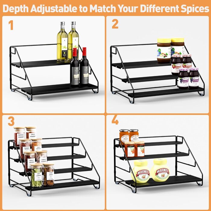 Рівнева підставка для спецій, металева регульована підставка для спецій, не потребує свердління, підставки для спецій для кухні, шафи та стільниці, органайзер для підставок для спецій (чорний), 4-