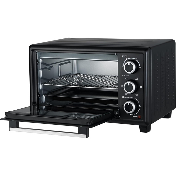 Міні-піч OptimumX 20 л, маленька міні-піч з конвекцією, таймер на 60 хв, піч для піци, 1380 Вт, чорна 20 літрів