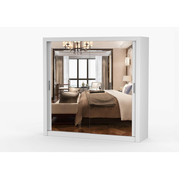 Шафа з дзеркалом - Шафа з розсувними дверима - Шафа для спальні - 64 x 203 x 215 см - Шафа для вітальні - Вішалка для одягу, Шафа з двома дверима, Сучасна 200 см Біла