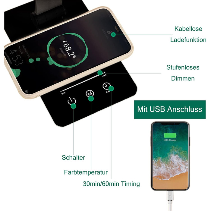 Настільна лампа, світлодіодна лампа 5 кольорів і плавного затемнення Настільна лампа Функція бездротової зарядки та приліжкова лампа Timmer Стильне світло з функцією пам'яті Безпечна для очей лампа для читання для робочого навчання Black Pro 2.0 (функція 