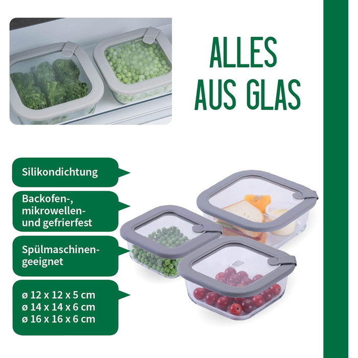 Набір контейнерів для зберігання FACKELMANN Chefkoch із 3 предметів із боросилікатного скла з вентиляційним клапаном 400 мл / 600 мл / 950 мл, герметичний та водонепроникний, підходить для використання в мікрохвильовій печі та духовці
