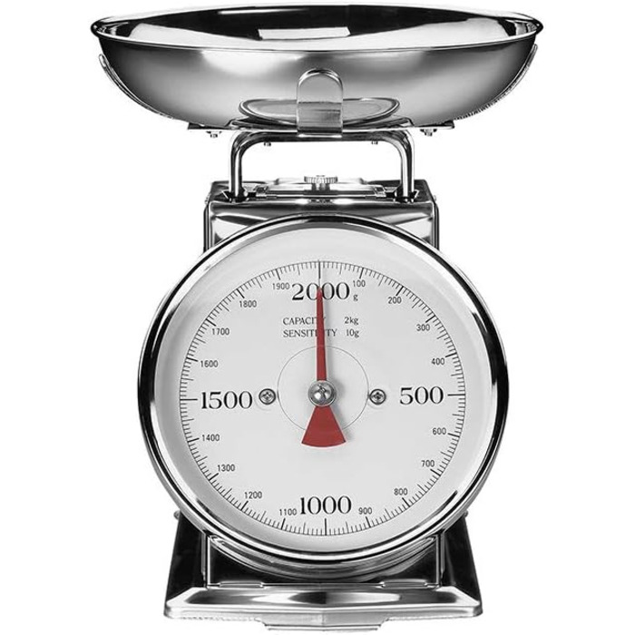 Ваги, 2 кг з функцією тари, кухонні ваги, аналогові, з чашею для зважування, поліровані, нержавіюча сталь сріблястого кольору, 301