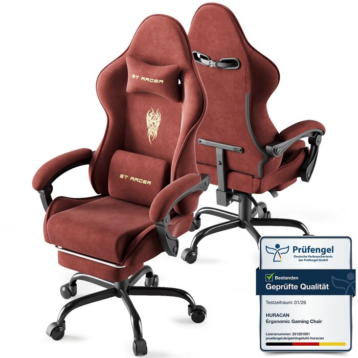 Ігрове крісло Huracan з підставкою для ніг, дихаюче ергономічне ігрове крісло з мікрофібри велюру, ігрове крісло, ігрове крісло з регульованим підголівником та масажною подушкою для попереку, підлокітники (червоні) плоска подушка сидіння, стиль 1 червоний