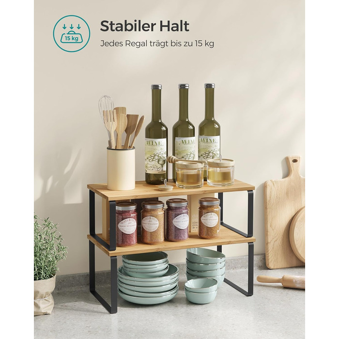 Стійка для спецій, Набір з 2 кухонних органайзерів, Кухонна полиця, Організатор для шафи, Розширювана, Мала полиця, Штабелюється, Металевий та Дерев&39яний Композит, Чорнило Чорний-Натуральний Бежевий KCS200B01 39,7 см Чорнило Чорний Натуральний Бежевий