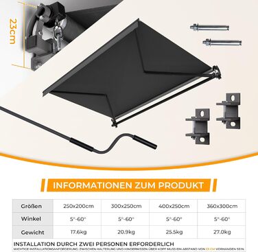 Складана тентована маркіза з ручним керуванням, 300x250 см, антрацит, сонцезахисна тентована маркіза, тентована для патіо, регулювання кута нахилу (5-60), балконна тентована маркіза з водонепроникним покриттям, настінне кріплення в комплекті, 300x250 см а