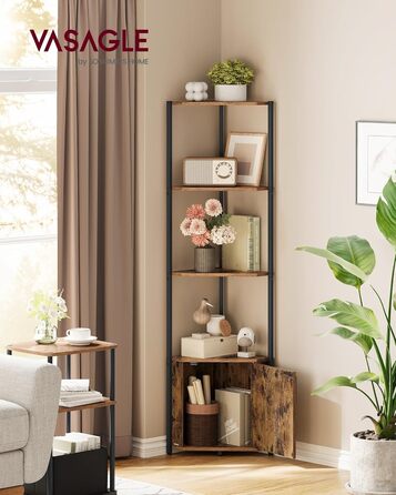 Кутова полиця VASAGLE з місцем для зберігання, окремостояча полиця, 5-ярусна полиця для зберігання, для вітальні, спальні, кухні, ванної кімнати, вінтажний коричневий-чорний LBC580K01 Вінтажний коричневий чорнильний