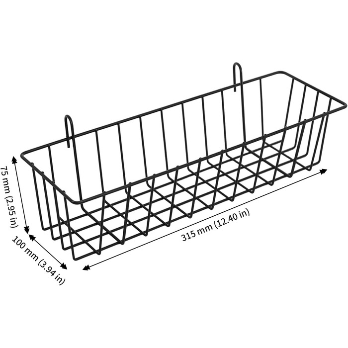 Набір із 6 підвісних дротяних кошиків, 31,5 x 10 x 7,5 см, чорні металеві кошики з гачками для настінних сіток, металеві кошики, дротяні кошики, поличні кошики для стіни