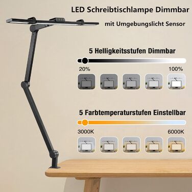 Світлодіодна настільна лампа з регулюванням яскравості, складна настільна лампа потужністю 24 Вт Затискна лампа для монітора для домашнього офісу Настільна лампа Офісна лампа з автоматичним затемненням, 5 колірних температур і рівнів яскравості Чорний