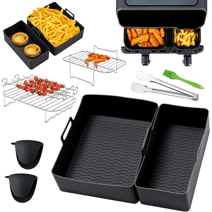 Аксесуари для фритюрниці Lifemaison 8PCS для Tefal EY9018 5.2/3.1 L, Cecotec Cecofry DuoSize 9 л 5.5/3.5 л, Salter EK5729, два розміри з подвійними ящиками, подвійні аксесуари з силіконовою формою для фритюрниці Black