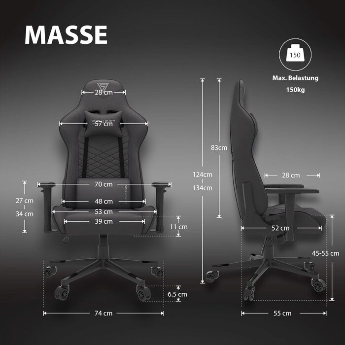 Офісне крісло Spellcaster Gaming Fabric, ергономічне крісло для геймерів, підлокітники, цільна сталева рама, регульований кут нахилу, чорний колір, 43-52 x 69,5 x 57, 5902659841537 Тканина чорного кольору