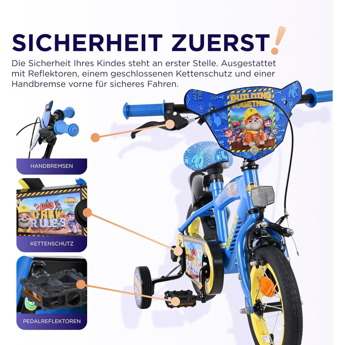 Дитячий велосипед Volare Rubble & Crew 12 35 років Ручне та ножне гальмо, знімні бічні колеса, захист ланцюга та світловідбивачі Регульоване сідло Подарунок для дівчаток та хлопчиків