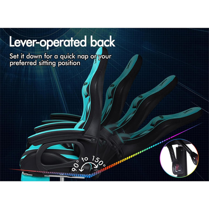 Ігрове крісло ALFORDSON, світлодіодне гоночне ігрове крісло з 12-кольоровим RGB-підсвічуванням, масажне ігрове крісло з поперековою опорою, підставкою для ніг, матеріал PU, блакитний колір Marc - серія Cyan Marc