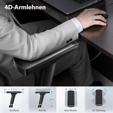 Ергономічне офісне крісло mfavour з гумовими колесами, 4D підлокітниками, регульованим підголівником та поперековою опорою, дихаюче сітчасте робоче крісло, металева основа, вантажопідйомність до 150 кг, чорний колір, 70 Г x 66 Ш x 134 В