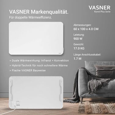 Інфрачервоний гібридний обігрівач VASNER Konvi Plus Електричний обігрівач з термостатом, 600-1200 Вт, гібридний інфрачервоний обігрівач, білий колір із закругленими кутами, настінний, 3-річна гарантія, німецька карбонова технологія (900 Вт)