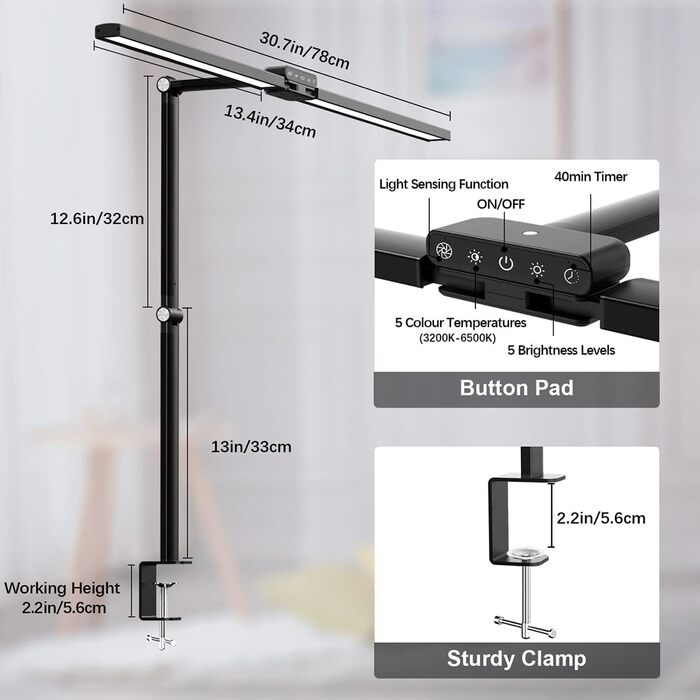 Настільна лампа bravzurg LED з регулюванням яскравості, настільна лампа 78 см 24 Вт з датчиком світла, 5 колірних температур 5 рівнів яскравості, настільна лампа з функцією пам'яті для монітора, офісу, навчання