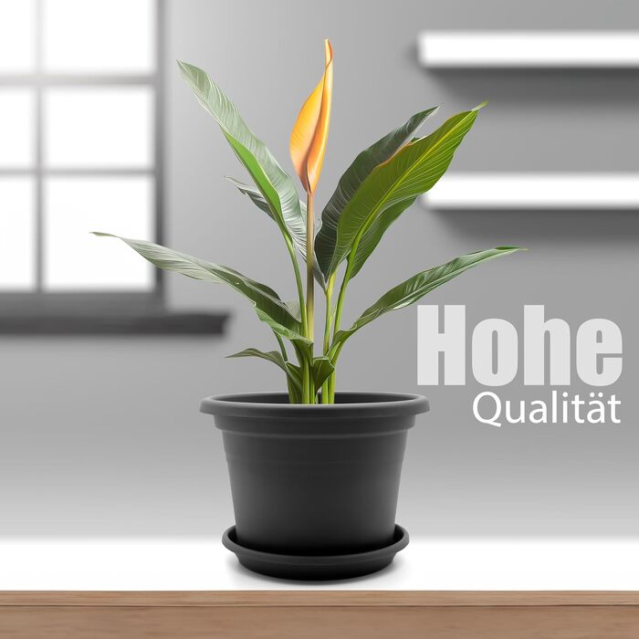 Набір із 4 круглих квіткових горщиків з блюдцями BigDean, ø 40 см, антрацит всепогодні кашпо, зроблені в Європі, антрацит, ø 40 см