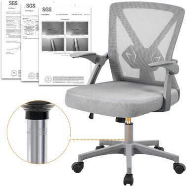 Офісне крісло Yaheetech, стілець для роботи з відкидними підлокітниками, обертове крісло з сітки, ергономічне офісне крісло, регульована поперекова опора, функція гойдання, регульована висота, сірий