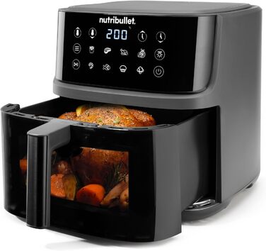 Аерофритюрниця nutribullet Crisplite Vision, 8 л, цифрове керування 80-200, без PFAS, 8 авторежимів, сенсорна панель, кошик придатний для ПММ, 2000 Вт, матовий чорний (NBA0811DG)