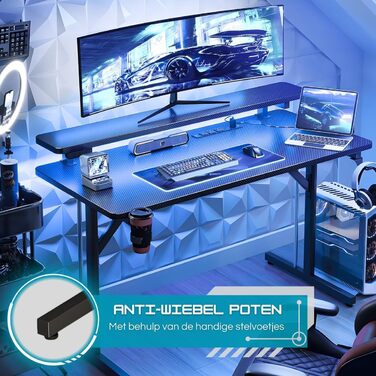 Ігровий стіл Five Stars - Комп&39ютерний стіл - 100x50x75 см - Ігровий стіл зі світлодіодним підсвічуванням - Чорний карбон