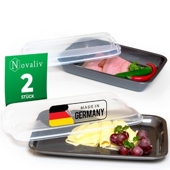 Контейнер для нарізок Преміум (2 плоских, 1 високий), антрацит. Прозорі кришки, контейнери для ковбаси та сиру. Розміри 25x17x3 см, 25x17x5 см. Органайзер для холодильника та хлібців. Набір необхідний для кухні (висота 3 см та 2x5 см).