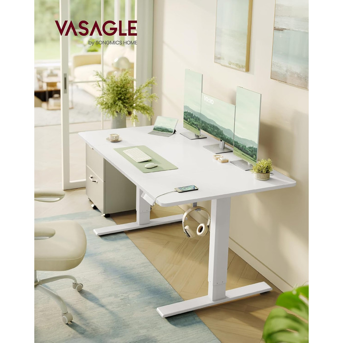 Регульований по висоті письмовий стіл VASAGLE, 140 x 80 см, з портом USB-C, колір білий хмаринка (без підставки для монітора)