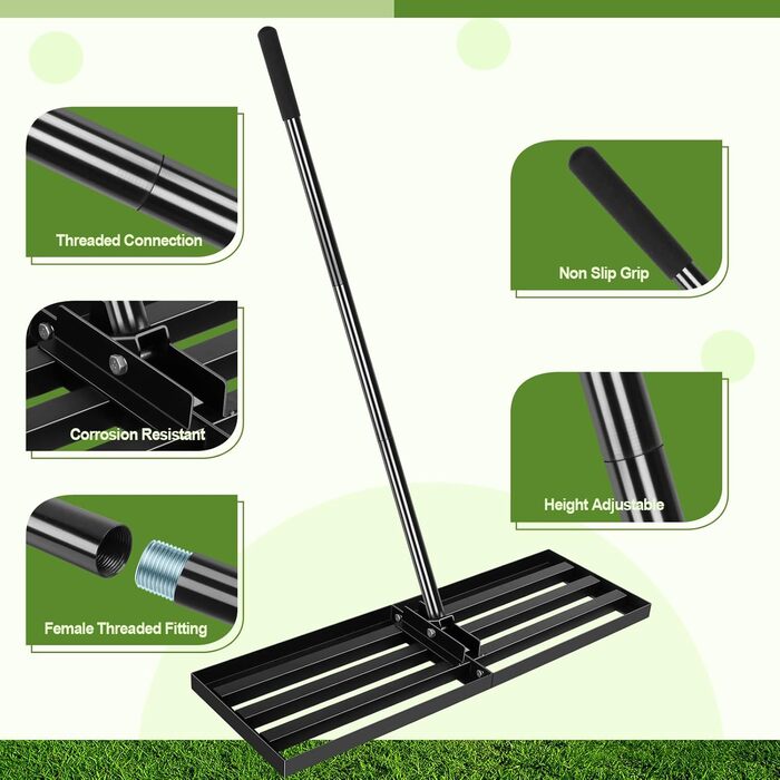 Гребінь для вирівнювання газону з нержавіючої сталі 76x25 см, з ергономічною регульованою ручкою 194 см, для видалення сміття, піску та вирівнювання газону в саду, на гольф-полі та подвірї