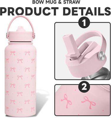 Термос з бантом, ізольована пляшка для води з нержавіючої сталі об&39ємом 32 унції, рожевий термос для жінок, дівчат, підлітків, подарунок на день народження