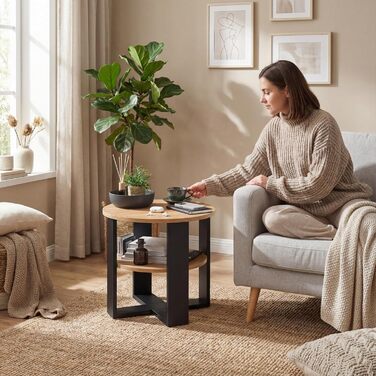 Круглий дубовий журнальний столик Ø53 см - Невеликий журнальний столик з полицею - 2 яруси, круглий сучасний журнальний столик в промисловому дизайні - Зроблено в ЄС Чорний та дубовий Діаметр 53 см