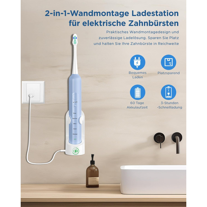 Електрична зубна щітка, звукова зубна щітка для дорослих та дітей, з 5 режимами чищення, 3 рівнями інтенсивності, вбудованим таймером та 8 насадками, дорожній футляр, світло-блакитний, (в упаковці)