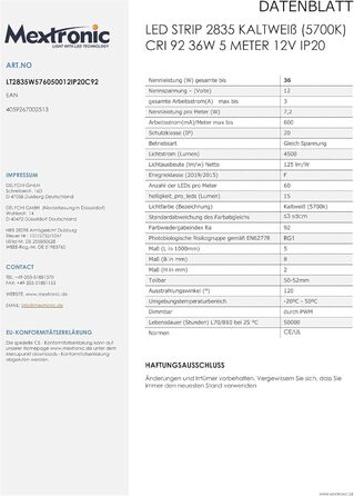 Світлодіодна стрічка Mextronic 2835, холодне біле світло (5700K), CRI 92, 36W, 5 метрів, 12V, IP20
