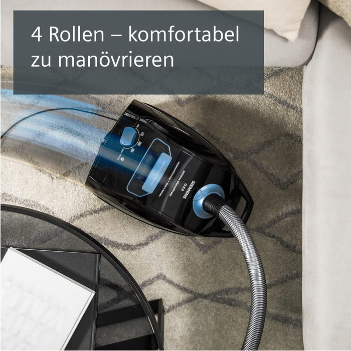 Пилосос із мішком Siemens Q5.0 extreme silencePower VSQ5X1230, для алергіків, гігієнічний фільтр, висока потужність всмоктування, насадка для паркету, килимів та плитки, довгий кабель, 850 Вт, чорний (Basic Schwarz)