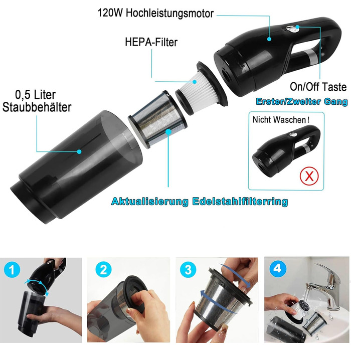 Ручний пилосос, 2-ступінчасте всмоктування 18000/15000Па ручний пилосос акумуляторний безмішковий пилосос Переможець тесту мокрого